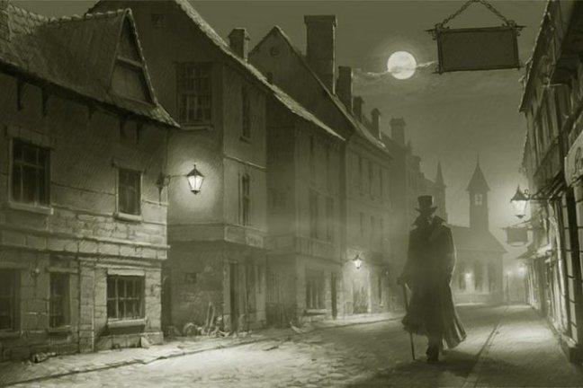 Black and white Jack the Ripper image walking through an empty street at night