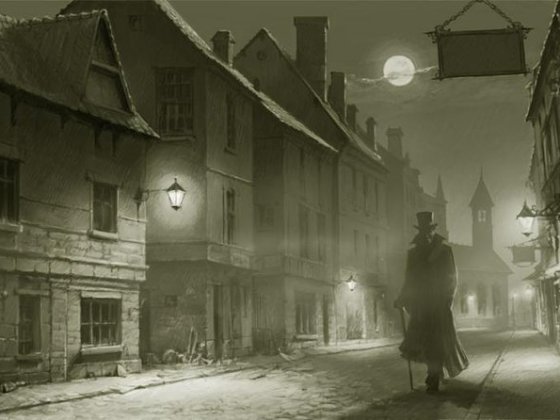 Black and white Jack the Ripper image walking through an empty street at night